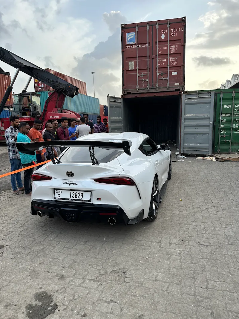 Toyota Supra sea freight at Jebel Ali port