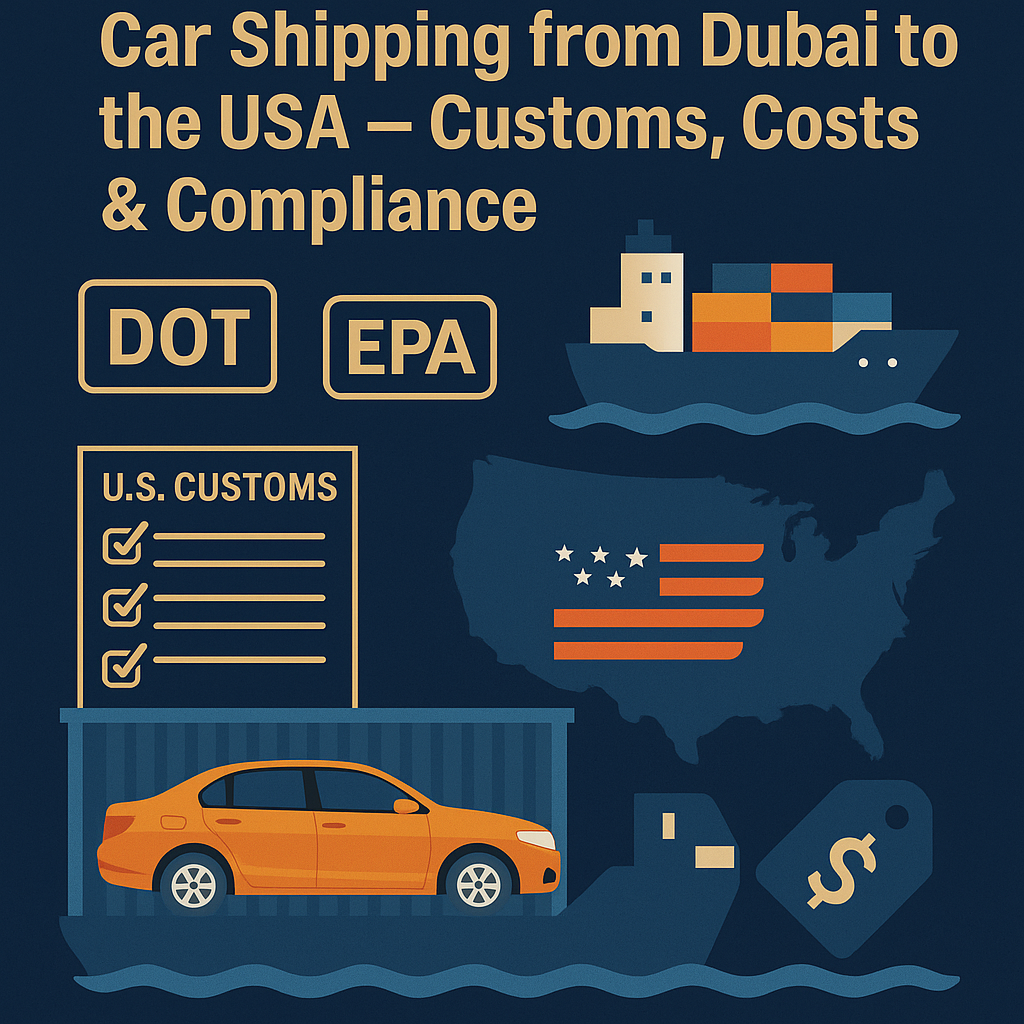 Dark-themed infographic showing car shipping from Dubai to the USA with visuals of a car in a container, U.S. map, customs checklist, and DOT/EPA icons.