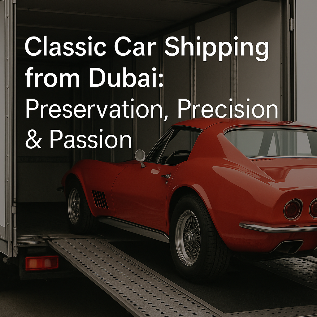 A classic red Chevrolet Corvette being carefully loaded into an enclosed car transport trailer, highlighting the precision and care involved in shipping vintage vehicles from Dubai.