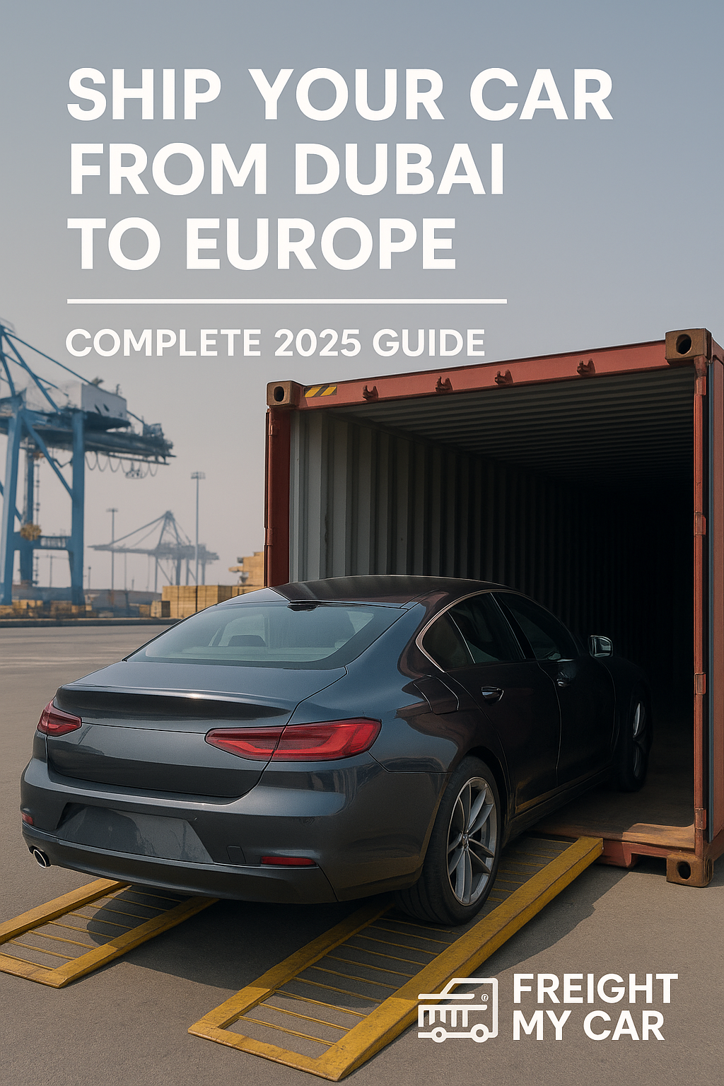 Luxury car being loaded into a red shipping container at Dubai port with cranes in the background, representing international car shipping from Dubai to Europe – Freight My Car 2025 Guide.