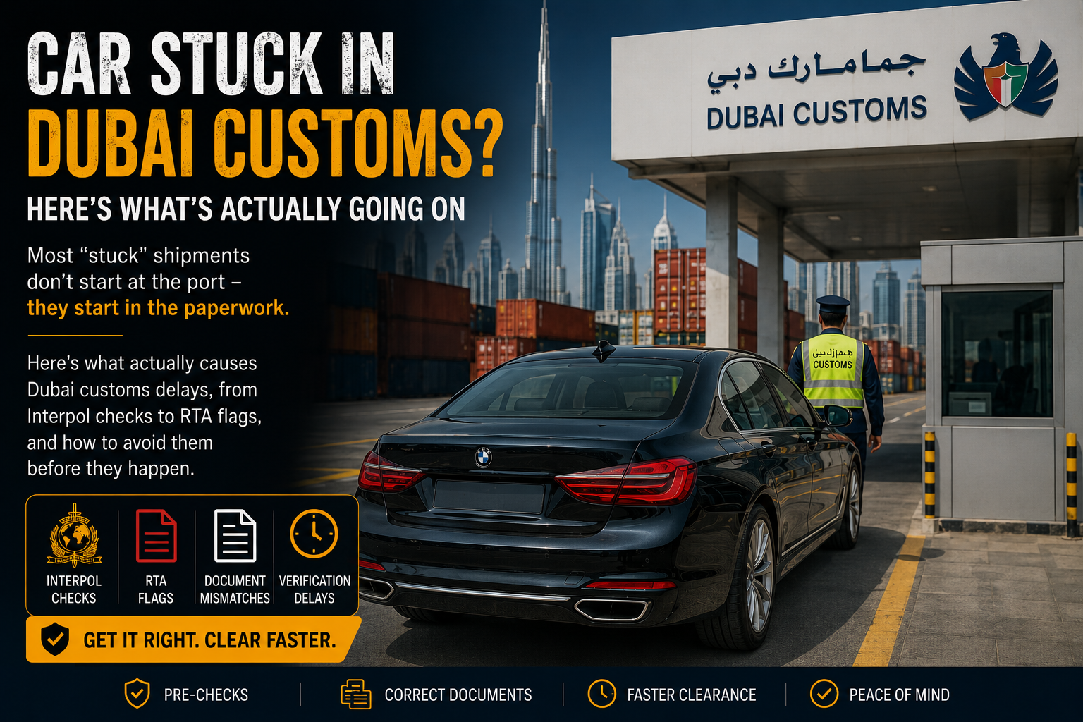 Customs officer inspecting vehicle export documents at Jebel Ali Port, Dubai, with a car prepared for shipping in the background