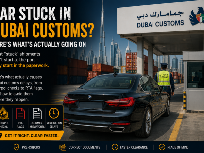 Customs officer inspecting vehicle export documents at Jebel Ali Port, Dubai, with a car prepared for shipping in the background